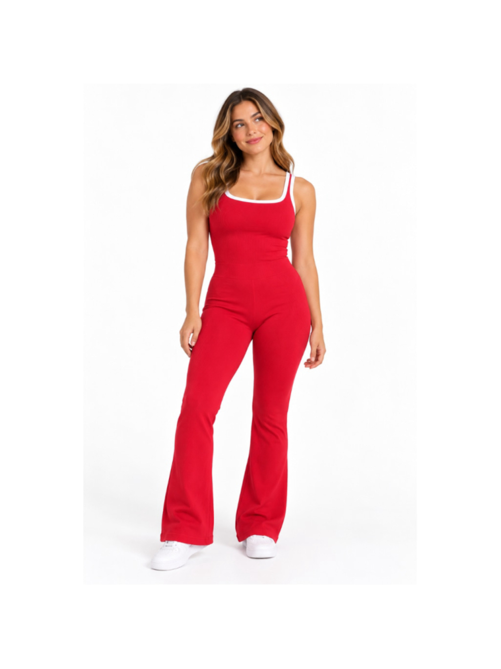 Women’s OQQ Seamless Flare Jumpsuit - Size XL - Red White Trim - NIP